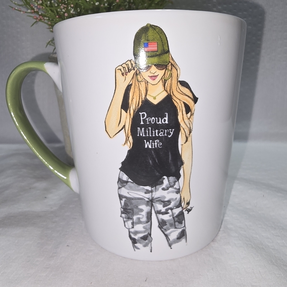 PROUD MILITARY WIFE Rongrong White Mug with Green Handle EUC